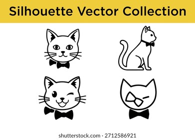 Una encantadora colección de Vector de siluetas minimalistas de gatos e íconos de arte de línea, con diferentes expresiones y pajaritas elegantes.