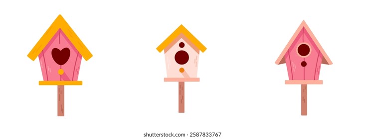 Charming vector collection of wooden birdhouses in soft pastel colors. Ideal for stickers, prints, nursery decor, and seasonal projects.