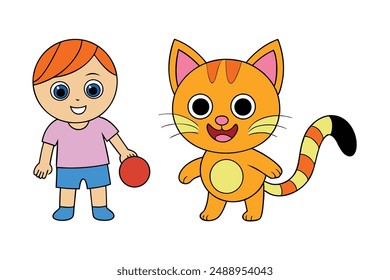 Charming vector of a cute cat playing with a kid, perfect for clipart and printable designs.