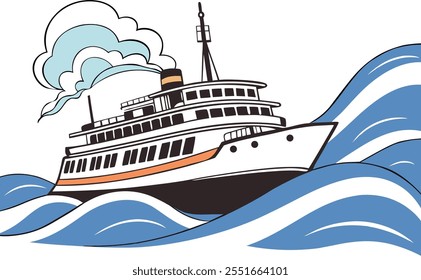 Charming Vector Ferryboat Design, Modern Passenger ferry ship, A large modern double-decker Passenger ferry marine transport surrounded by blue water vector.