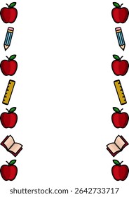 A charming vector frame design featuring a vertical arrangement of red apples, pencils, rulers, and open books, perfect for back-to-school themes or educational projects.
