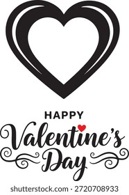 Un encantador gráfico de Vector que celebra el Día de San Valentín, con una audaz forma de corazón perfilada en negro colocada centralmente en la parte superior. Debajo del corazón, la frase 'FELIZ Día de San Valentín' se representa elegantemente en una fuente de escritura fluida y decorativa. Un Pequeño y vibrante icono de corazón rojo reemplaza el punto de la 'i' en 'San Valentín', añadiendo un toque de color y romance al diseño monocromático. La estética general es festiva y romántica, ideal para tarjetas, publicaciones en redes sociales o cualquier material digital o impreso relacionado con el amor y el afecto.