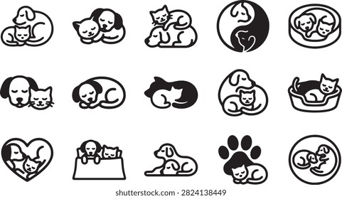 Charming vector graphics of dogs and cats sleeping peacefully. Images depict animals cuddling in heart shapes, geometric forms, and pet beds. Warm and comforting.