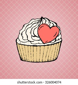 Charming vector hand-drawn cake in a waffle cup with cream and a simple heart on a pink background. All isolated.