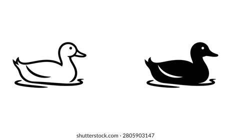 A charming vector icon of a duck swimming on water presented in both outline and solid styles for nature and wildlife design needs.