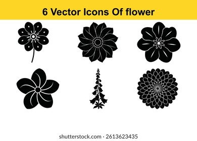 A charming vector icon pack featuring silhouette designs of primrose, zinnia, buttercup, periwinkle, anemone, and foxglove flowers — ideal for elegant floral projects and botanical artwork.