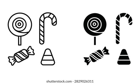 A charming vector icon set featuring various sweets including a lollipop candy cane wrapped candy and candy corn. This collection is ideal for confectionery branding holiday designs and party invitations provided in both line and solid styles.