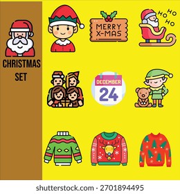 Um charmoso conjunto de ícones de vetor focado em personagens de Natal, atividades festivas e trajes. Inclui ícones de Papai Noel, Elfos, reuniões familiares, a data do calendário de 24 de dezembro e o popular 