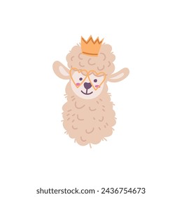 A charming vector illustration with an alpaca wearing heart-shaped glasses and a crown, for children's birthday invitations. An icon with an alpaca head on a white background.