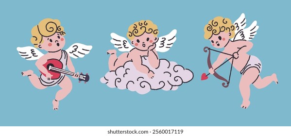 A charming vector illustration of an angel with wings in a whimsical cartoon style, isolated on white background. Ideal for Valentines Day and festive designs.