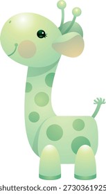 Eine charmante Vektorgrafik einer Baby-Giraffe in hellgrüner Farbe mit dunkelgrünen Flecken. Das Cartoon-Artwork ist einfach und bezaubernd, perfekt für Kinderzimmer, Grußkarten, Partyeinladungen und andere Kinder-Design-Projekte.