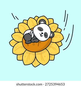 Una encantadora Ilustración vectorial de un bebé panda durmiendo pacíficamente en un girasol gigante mientras cae suavemente por el aire. 