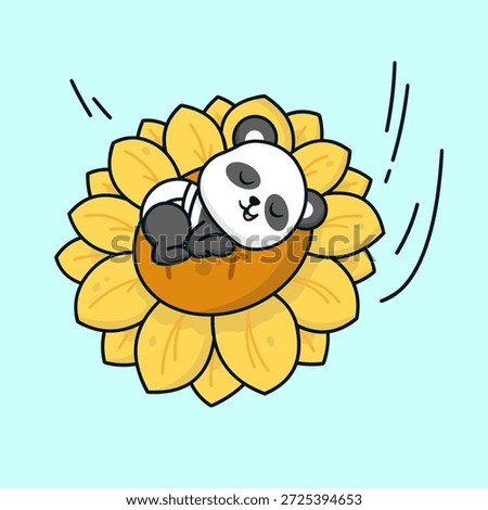 A charming vector illustration of a baby panda peacefully sleeping on a giant sunflower as it gently falls through the air. 