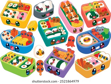 Charming vector illustration of a bento box, showcasing neatly arranged traditional Japanese food items. Perfect for culinary designs, cultural projects, and food-related content.