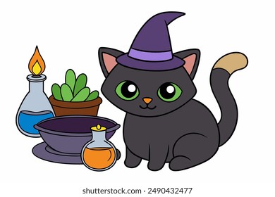 Charming vector illustration of a black cat in a simple witch hat, perfect for cat day celebrations. Ideal for Halloween and magical themed projects. Cute and whimsical design