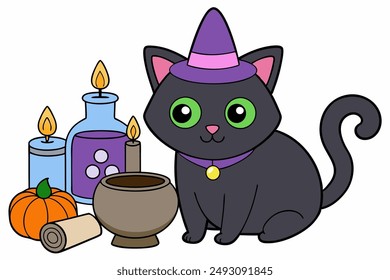 Charming vector illustration of a black cat in a simple witch hat, perfect for cat day celebrations. Ideal for Halloween and magical themed projects. Cute and whimsical design