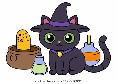 Charming vector illustration of a black cat in a simple witch hat, perfect for cat day celebrations. Ideal for Halloween and magical themed projects. Cute and whimsical design