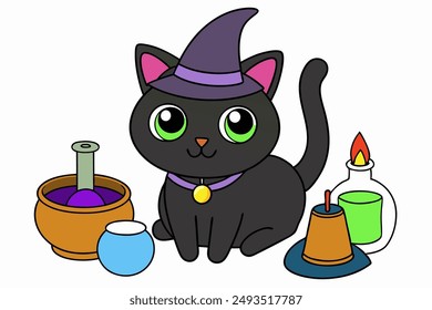 Charming vector illustration of a black cat in a simple witch hat, perfect for cat day celebrations. Ideal for Halloween and magical themed projects. Cute and whimsical design