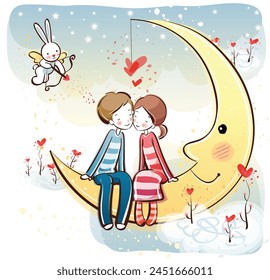 A Charming Vector Illustration of a Boy and Girl in Love, Sitting on the Moon with a Cupid Bunny and a Heart, Celebrating the Spirit of Valentine’s Day