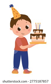 Charming vector illustration of a boy holding a birthday cake with candles, celebrating. The scene captures a moment of festive joy.