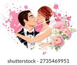 Charming vector illustration of a bride and groom embracing, set against a pink heart-shaped background with delicate floral elements. Designed in a cute, modern cartoon style, perfect for wedding invitations, greeting cards, save-the-date designs, and romantic graphic projects.