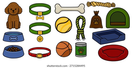 Charming vector illustration of a brown poodle surrounded by various pet accessories, including bowls, collars, toys, and beds.