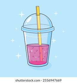 A charming vector illustration of a bubble tea drink in kawaii style. Features a transparent plastic cup with dome lid and yellow straw.