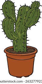 A charming vector illustration of a cactus plant in a terracotta clay pot, ideal for plant-themed designs, eco-lifestyle visuals, gardening content, educational materials, and decorative uses.