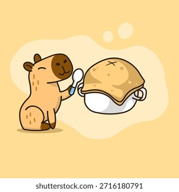 Charmante Vektorgrafik einer Capybara, die sich eine riesige, cremige Zuppa-Suppe vorstellt, die über ihrem Kopf schwebt.