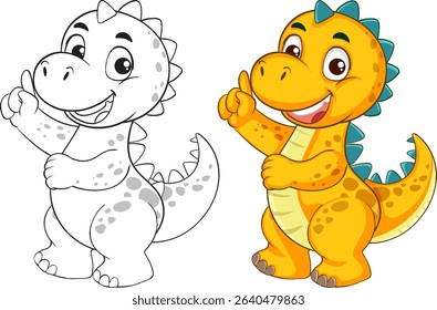 Charming vector illustration of a cartoon dinosaur in vibrant colors and black-and-white outline, showcasing playful expression and detailed features
