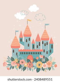 A charming vector illustration of a castle, perfect for a poster in a child's room.