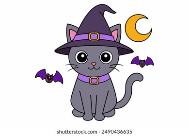 Charming vector illustration of a cat wearing a vampire hat with a bat, perfect for Halloween and Cat Day celebrations. Ideal for festive and spooky designs