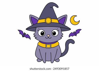 Charming vector illustration of a cat wearing a vampire hat with a bat, perfect for Halloween and Cat Day celebrations. Ideal for festive and spooky designs