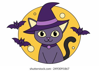 Charming vector illustration of a cat wearing a vampire hat with a bat, perfect for Halloween and Cat Day celebrations. Ideal for festive and spooky designs