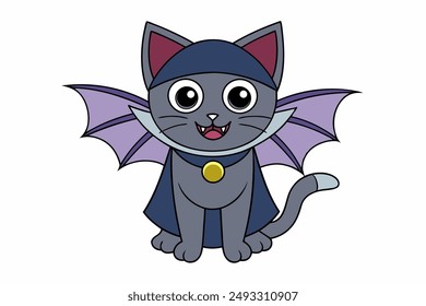 Charming vector illustration of a cat wearing a vampire hat with a bat, perfect for Halloween and Cat Day celebrations. Ideal for festive and spooky designs