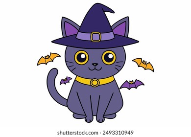 Charming vector illustration of a cat wearing a vampire hat with a bat, perfect for Halloween and Cat Day celebrations. Ideal for festive and spooky designs