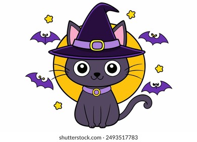 Bezaubernde Vektorillustration einer Katze mit Vampirmütze und Fledermaus, perfekt für Halloween und Katzentage. Ideal für festliche und gespenstische Designs