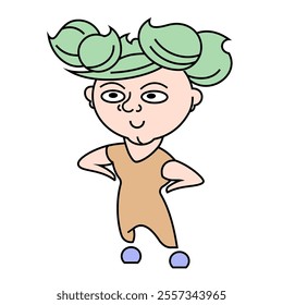 Charming vector illustration of a character with green hair, wearing a brown outfit, and standing confidently. Perfect for children's books, educational materials, and playful designs.