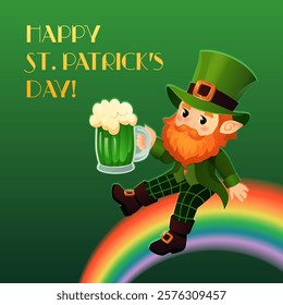 Charming vector illustration of a cheerful leprechaun sitting on a rainbow, holding a mug of frothy green beer, with a 'Happy St. Patrick's Day' greeting. A vibrant and playful design perfect for