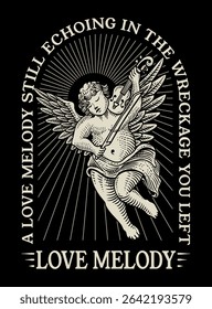 A charming vector illustration of a cherub playing a violin, surrounded by rays of light and text, creating a poignant "Love Melody" theme.