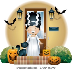 Uma ilustração de vetor encantadora de uma criança vestida como a Noiva de Frankenstein de pé em uma porta de casa na noite de Halloween. A cena assustadora, porém divertida, inclui luminosas jaque-o’-lanternas, um gato preto, morcegos voadores e lanternas ao ar livre. A criança segura um saco em forma de abóbora, fazendo com que a ilustração seja perfeita para cartões de Halloween, cartazes e desenhos festivos.