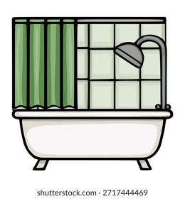 Una encantadora Ilustración vectorial de una bañera blanca clásica con una cortina de ducha a rayas verdes y una pared de ducha de azulejos.