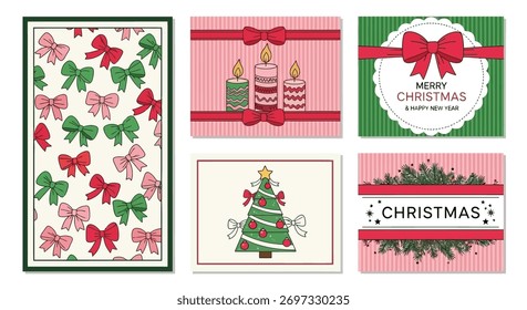 Una encantadora colección de Ilustración vectorial con varios diseños de tarjetas de Navidad. Los diseños incluyen Elementos festivos como arcos, velas y un árbol de Navidad decorado.