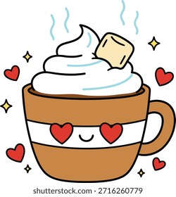 A charming vector illustration of a cozy hot chocolate mug featuring a kawaii face with heart eyes, whipped cream, and marshmallows. Perfect for winter and Valentine designs.
