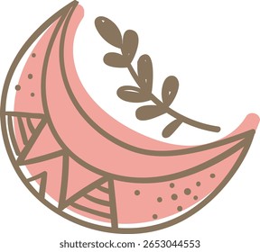 Um vetor encantador ilustração de uma lua crescente em rosa macio, adornado com um padrão geométrico decorativo e acompanhado por um delicado ramo de folhas marrom.