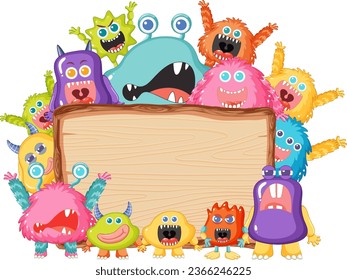 Charming vector illustration of cute aliens displayed on a wooden board frame