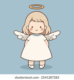 Charming vector illustration of a cute angel girl on a solid background. This sweet, whimsical design is perfect for holiday cards, children’s projects, or festive decor with a playful touch.