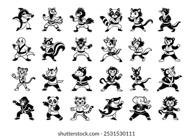 A charming vector illustration of cute animals practicing karate moves, perfect for children’s books, posters, t-shirts, and digital designs. Includes various animal characters in martial arts poses