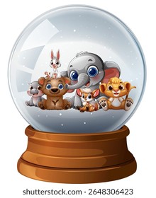 Charming vector illustration of cute animals inside a snow globe. Bright colors, playful expressions, and detailed design create a whimsical scene