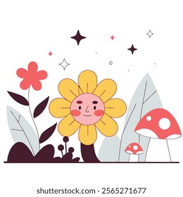 A charming vector illustration of a cute, anthropomorphic flower character. Perfect for children's books, greeting cards, websites, or any project needing a whimsical, 